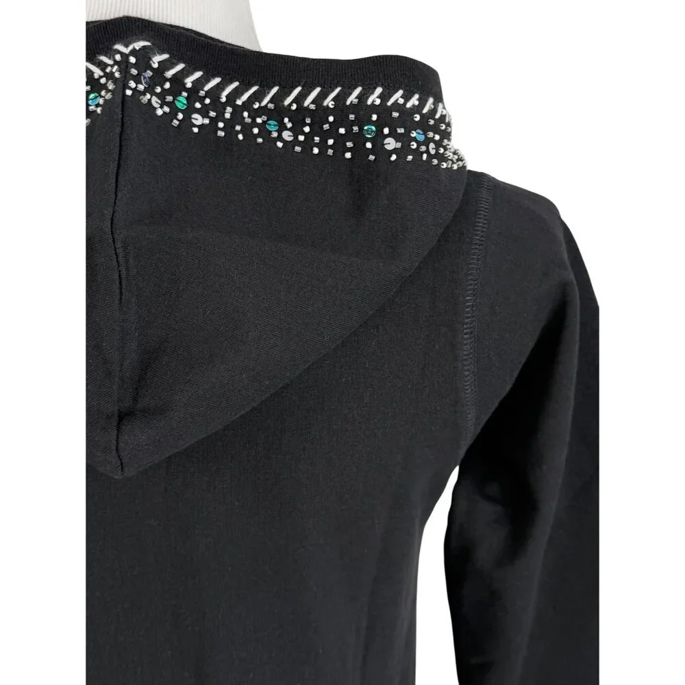 Vtg 90s Black Embroidered Sequin Beaded Zip Up Hoodie | Y2K Skater Grunge Retro - Picture 8 of 16